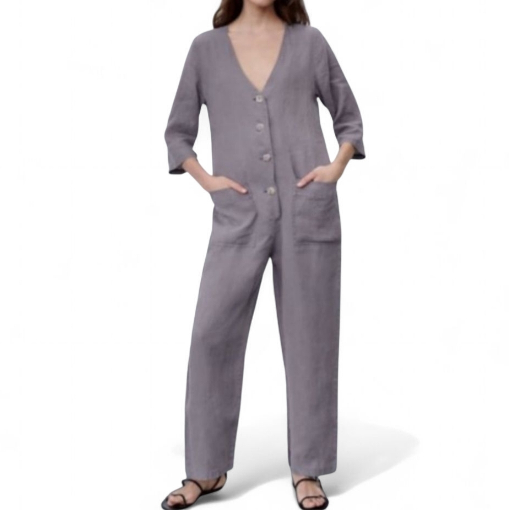 🔥ZARA Lillian Gray Linen ¾ Sleeve Button Front Vneck Lagenlook Jumpsuit SZ S/M